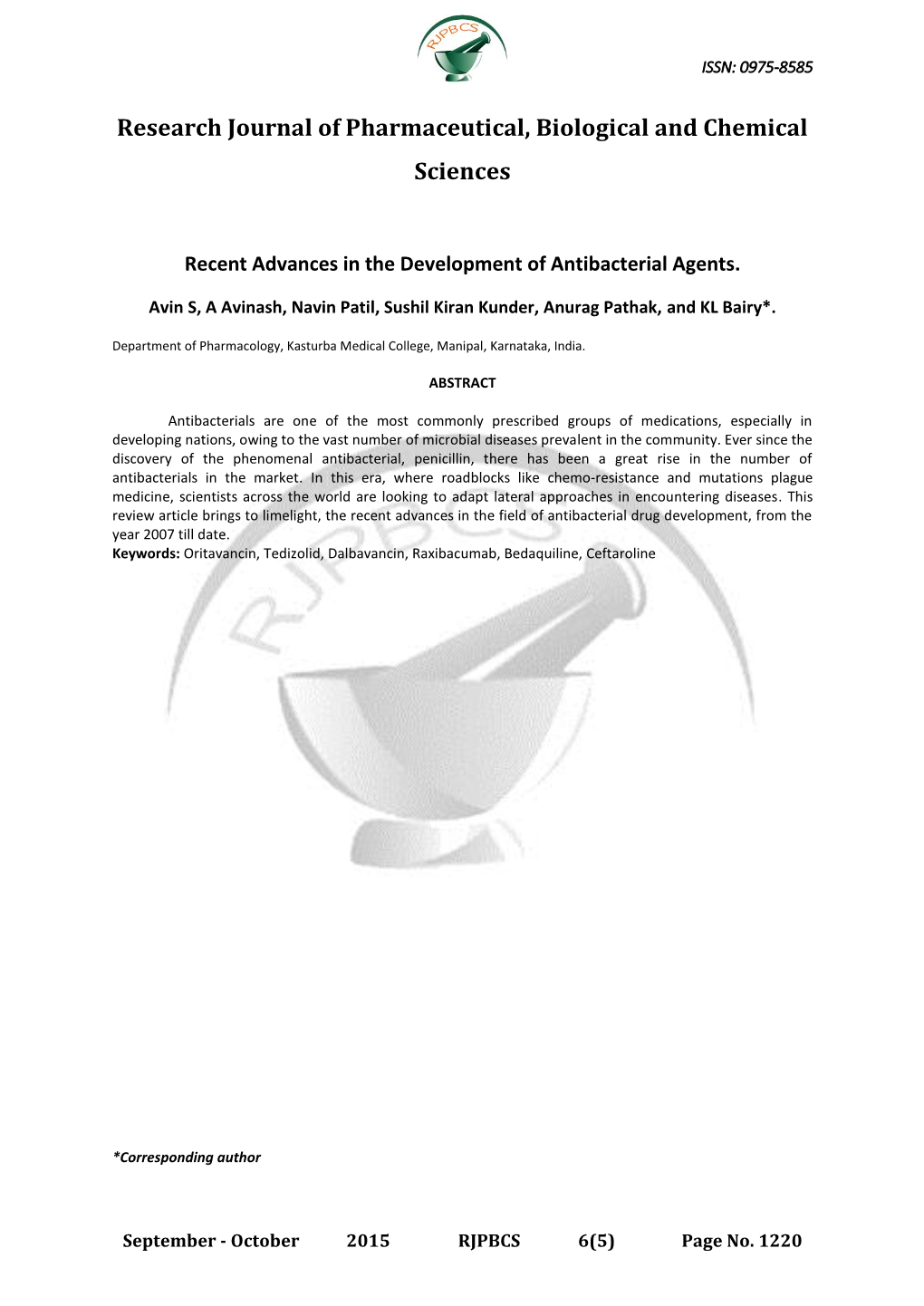 Recent Advances in the Development of Antibacterial Agents