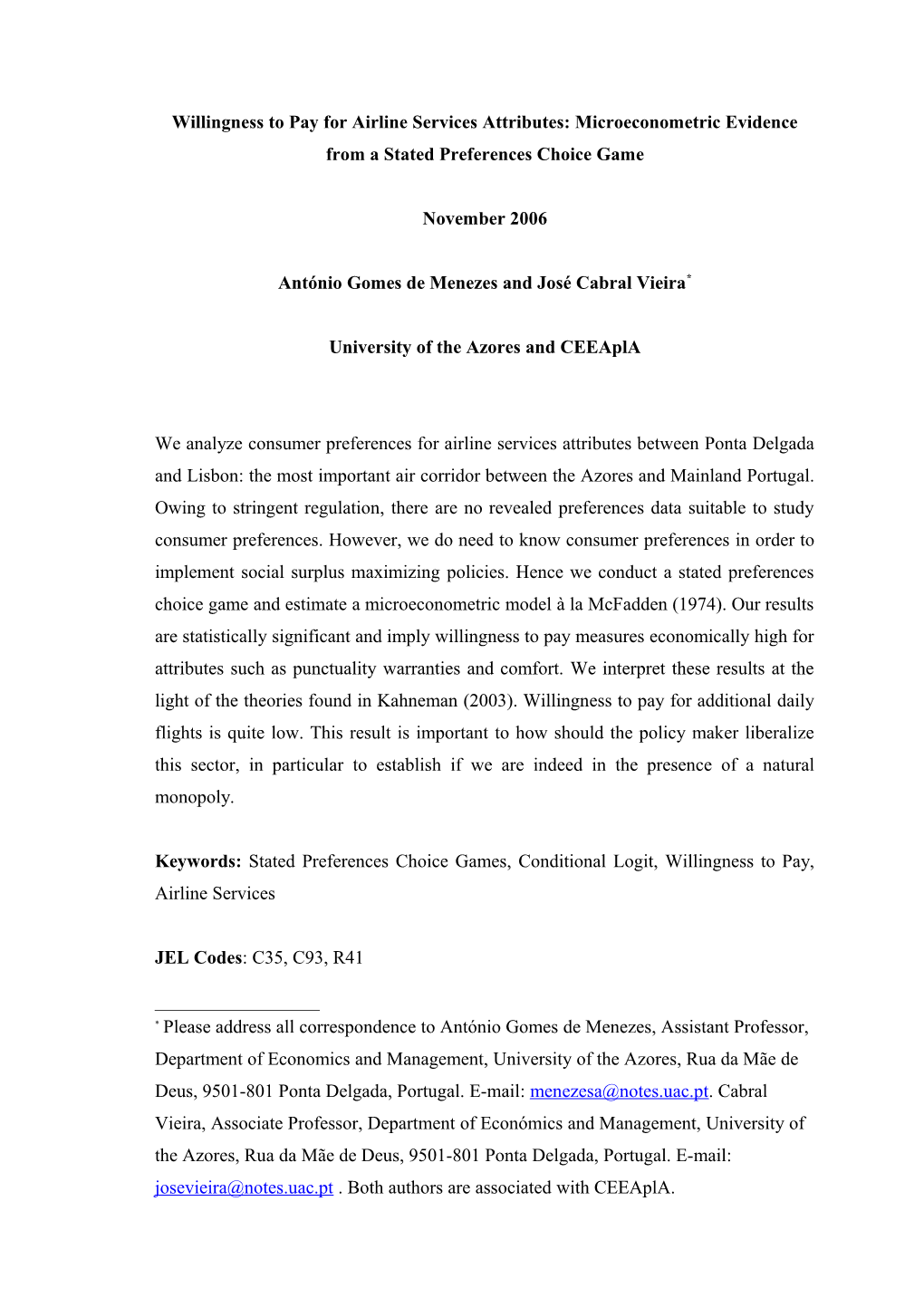 Willingness to Pay for Airline Services Attributes: Microeconometric Evidence from a Stated