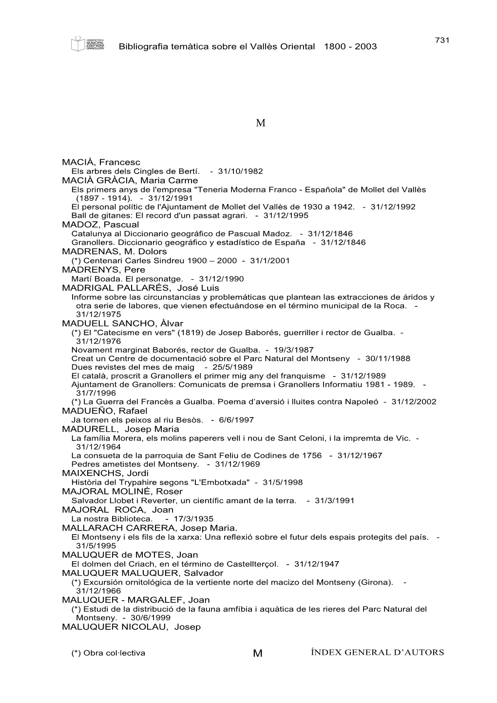 Bibliografia Temàtica Sobre El Vallès Oriental 1800 – 2003. Annex 1