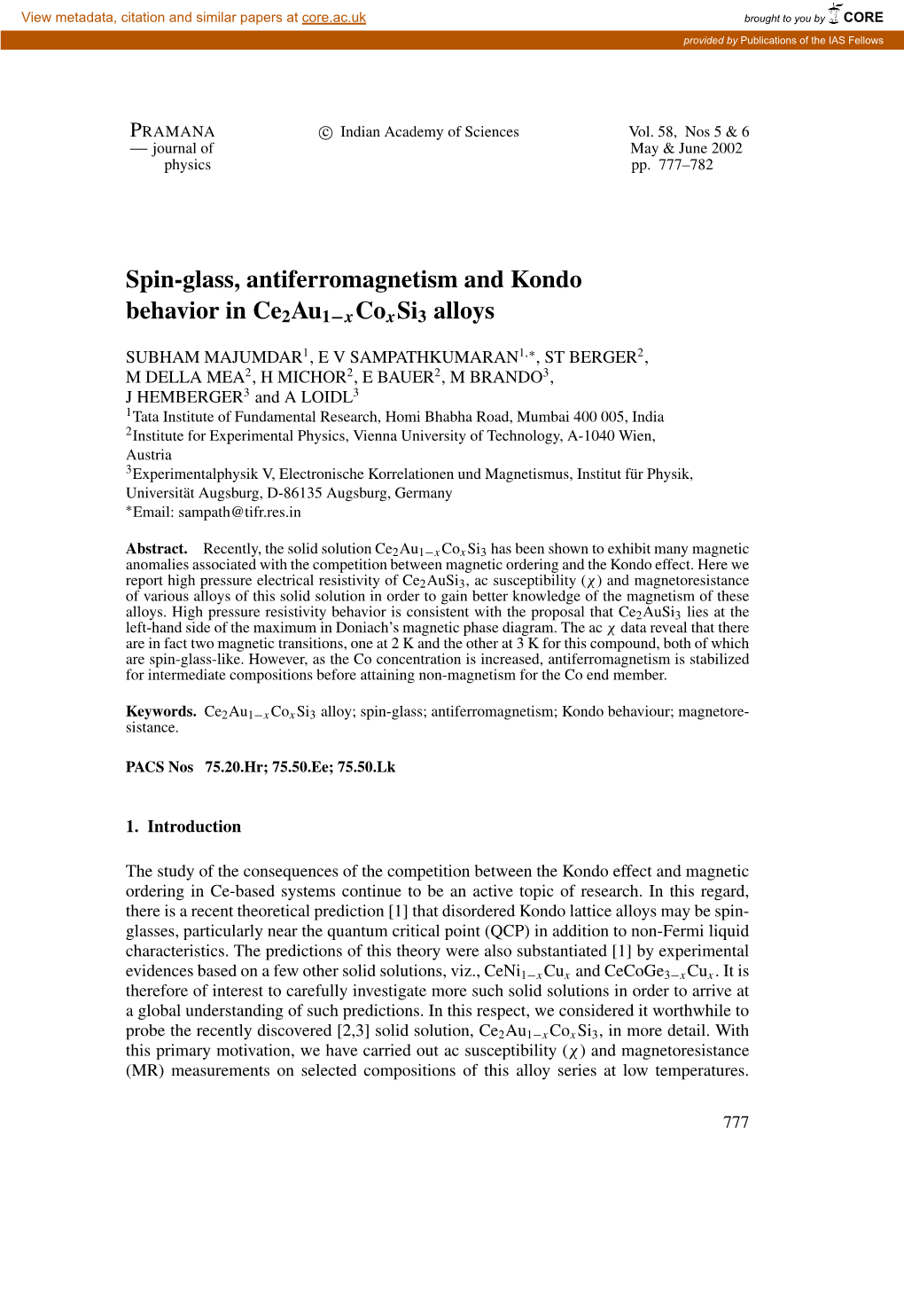 Spin-Glass, Antiferromagnetism and Kondo Behavior in Ce2au1−Xcoxsi3 Alloys