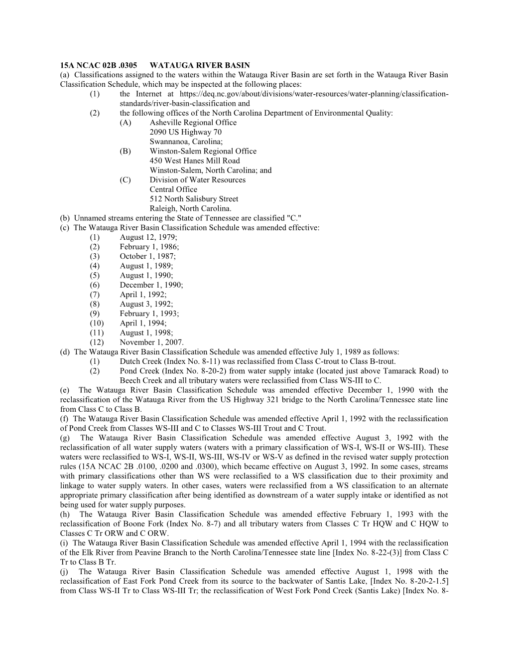 15A NCAC 02B .0305 WATAUGA RIVER BASIN (A) Classifications