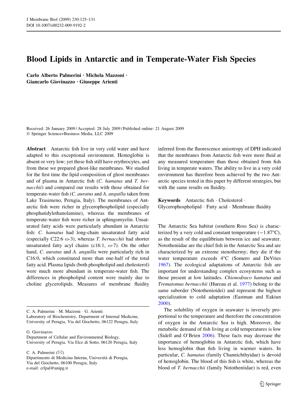 Blood Lipids in Antarctic and in Temperate-Water Fish Species