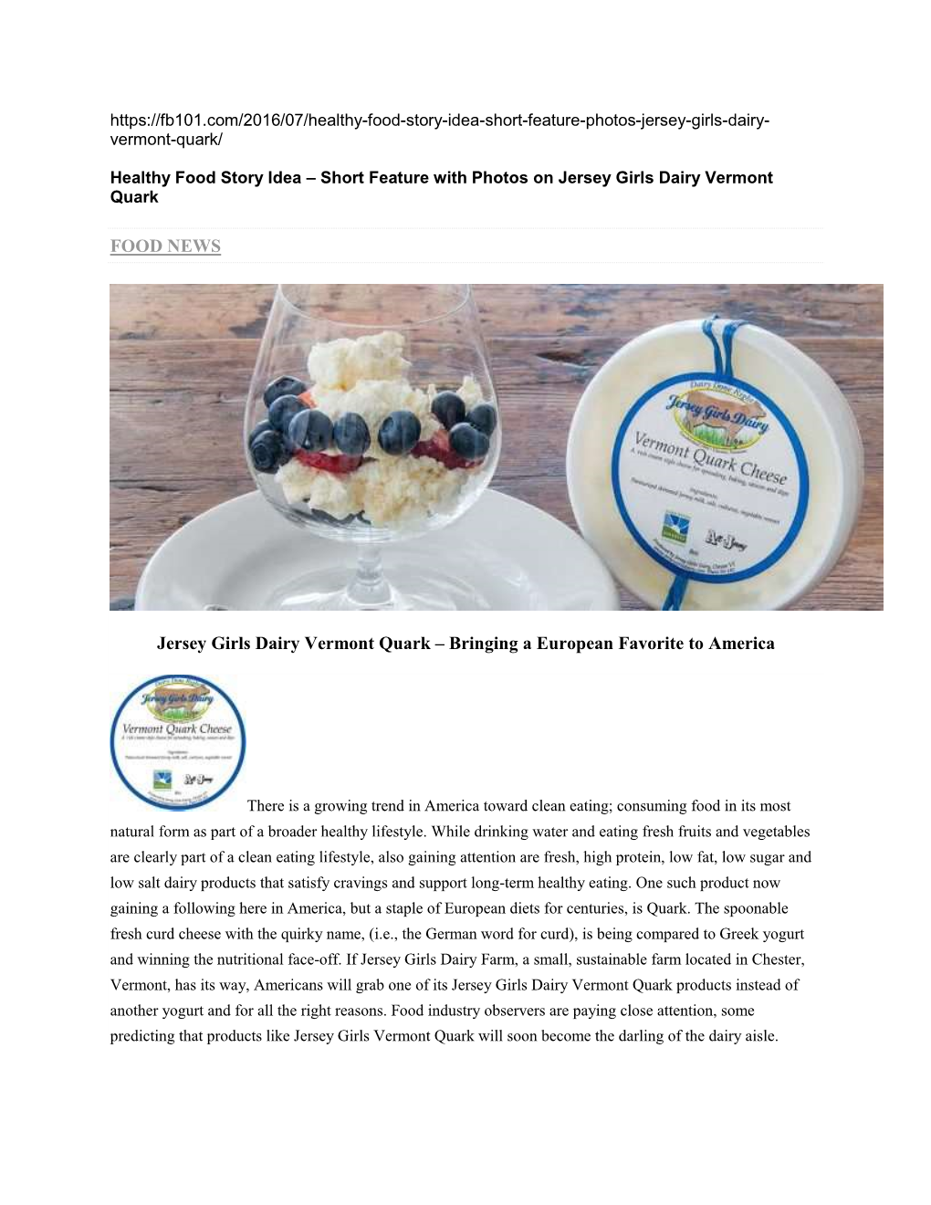 FOOD NEWS Jersey Girls Dairy Vermont Quark