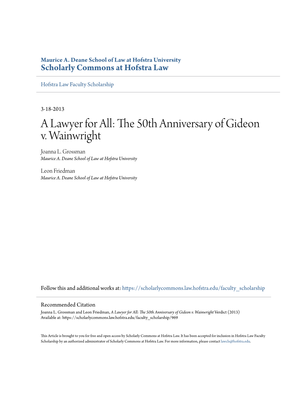 The 50Th Anniversary of Gideon V. Wainwright Joanna L