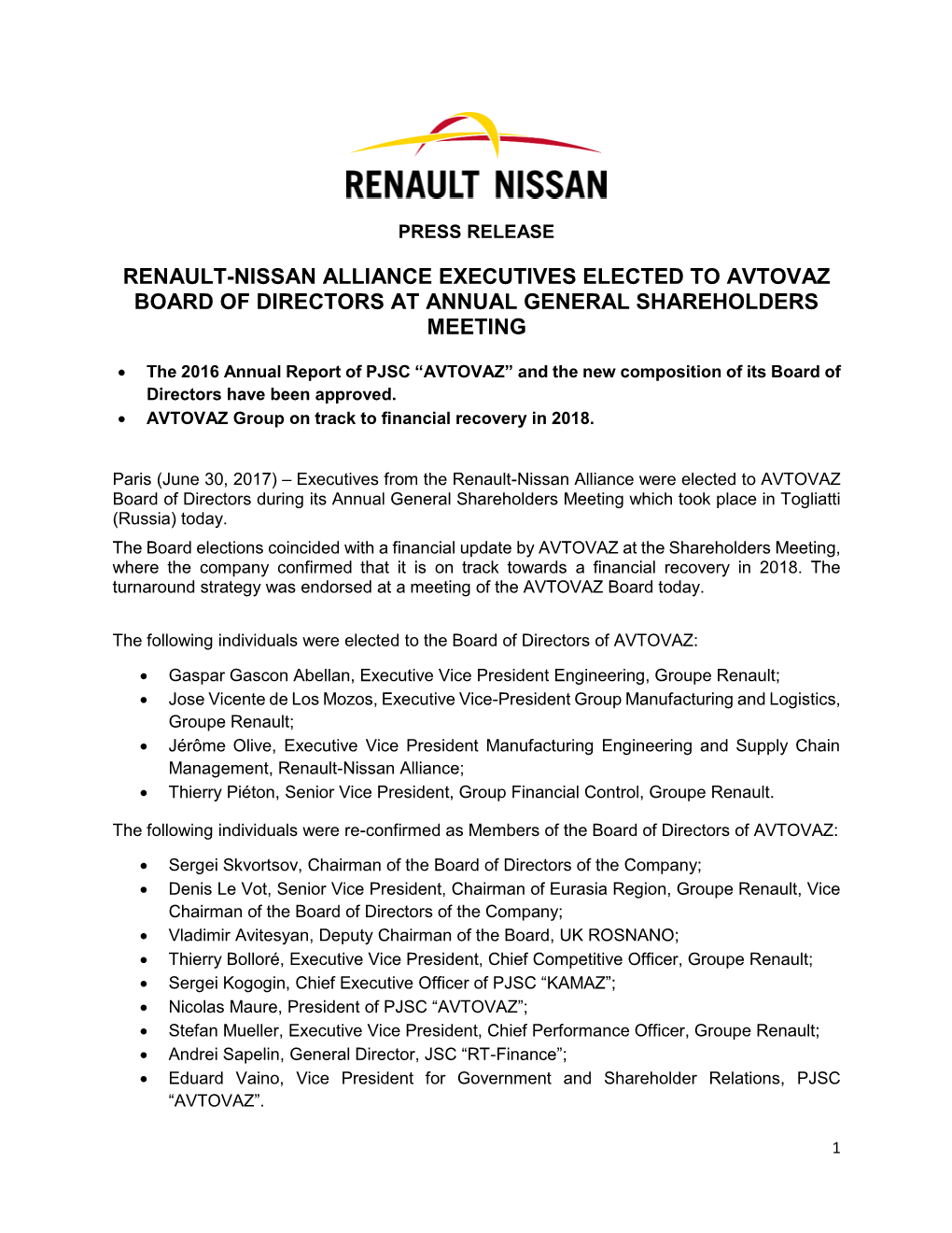 Renault-Nissan Alliance Executives Elected to Avtovaz Board of Directors at Annual General Shareholders Meeting