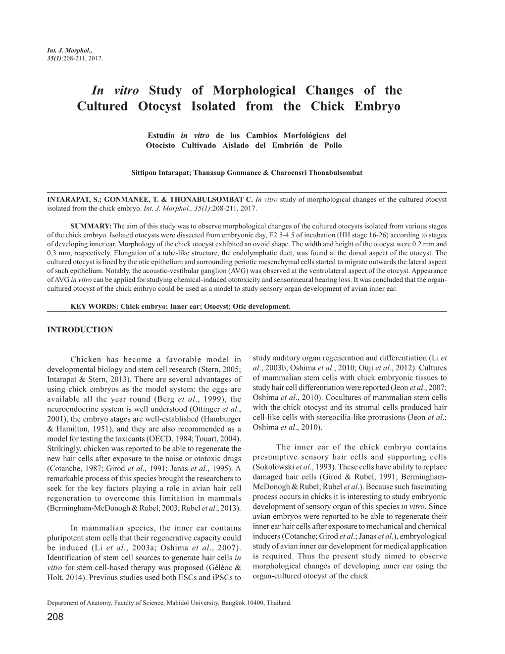 In Vitro Study of Morphological Changes of the Cultured Otocyst Isolated from the Chick Embryo