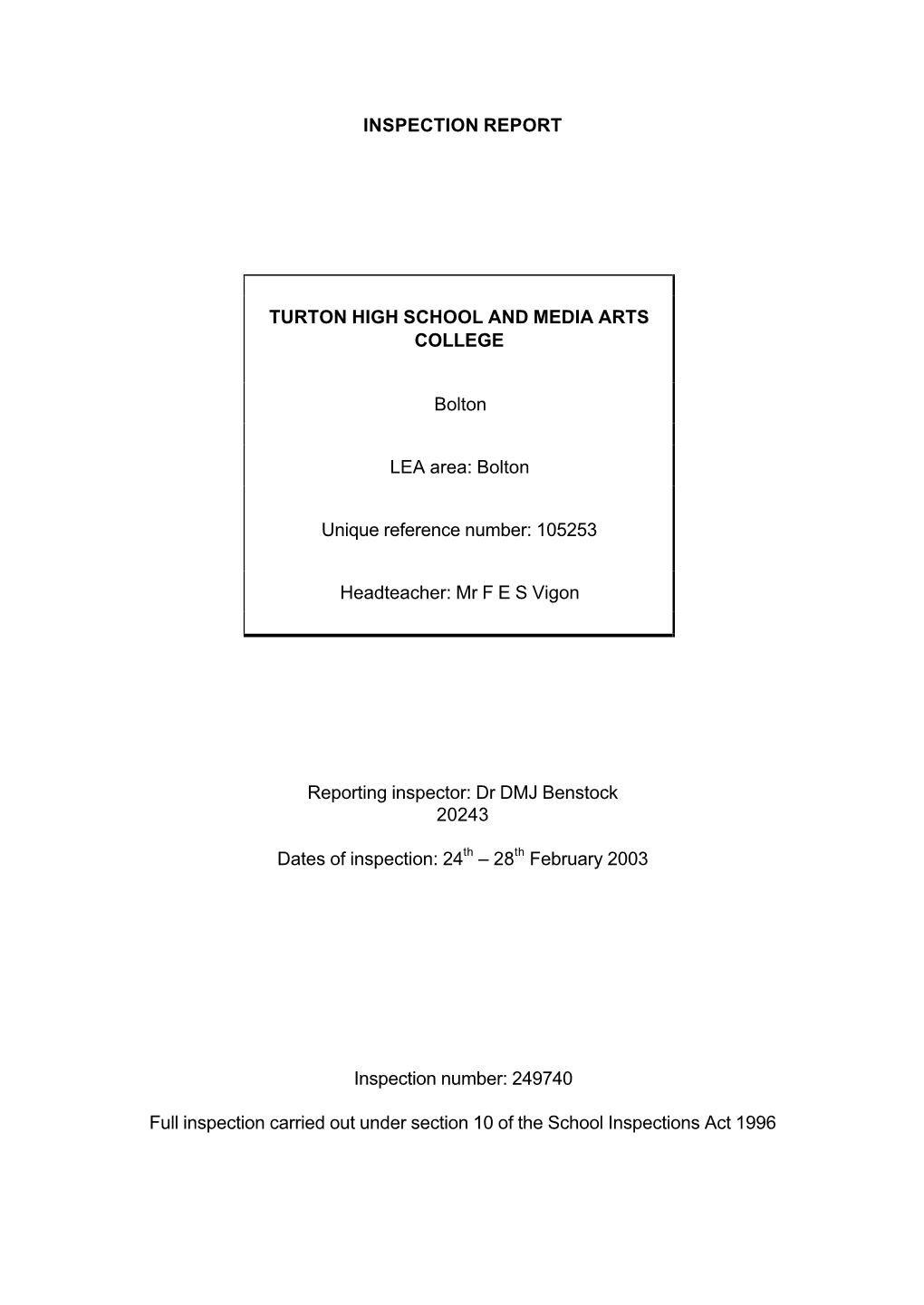 Inspection Report Turton High School and Media Arts