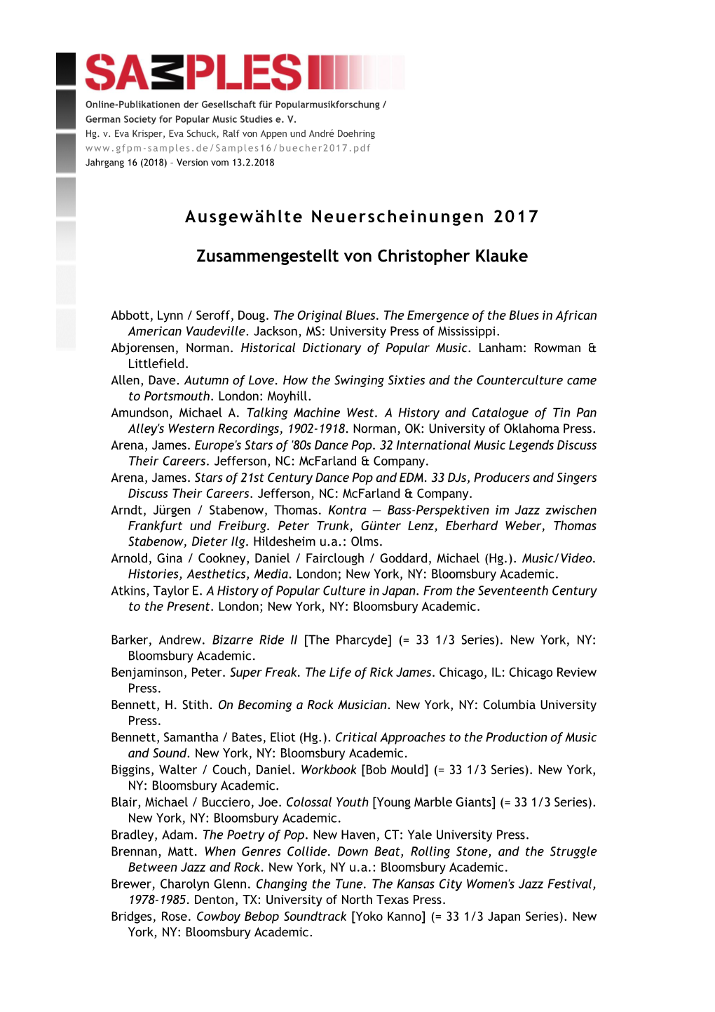 Ausgewählte Neuerscheinungen 2017 Zusammengestellt Von Christopher Klauke