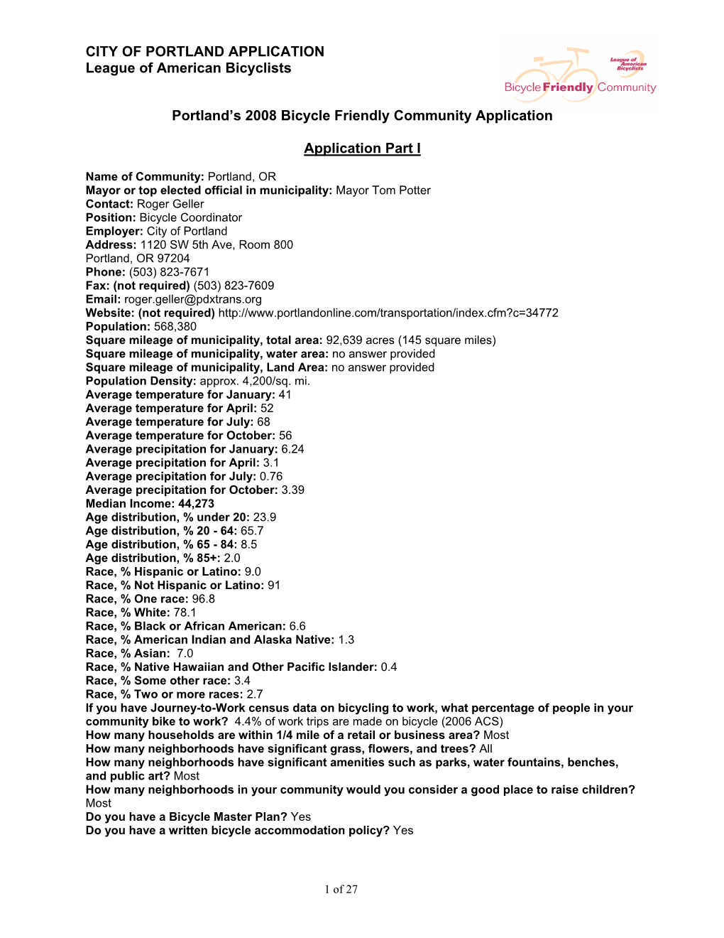 Portland's Bicycle Friendly Community Application