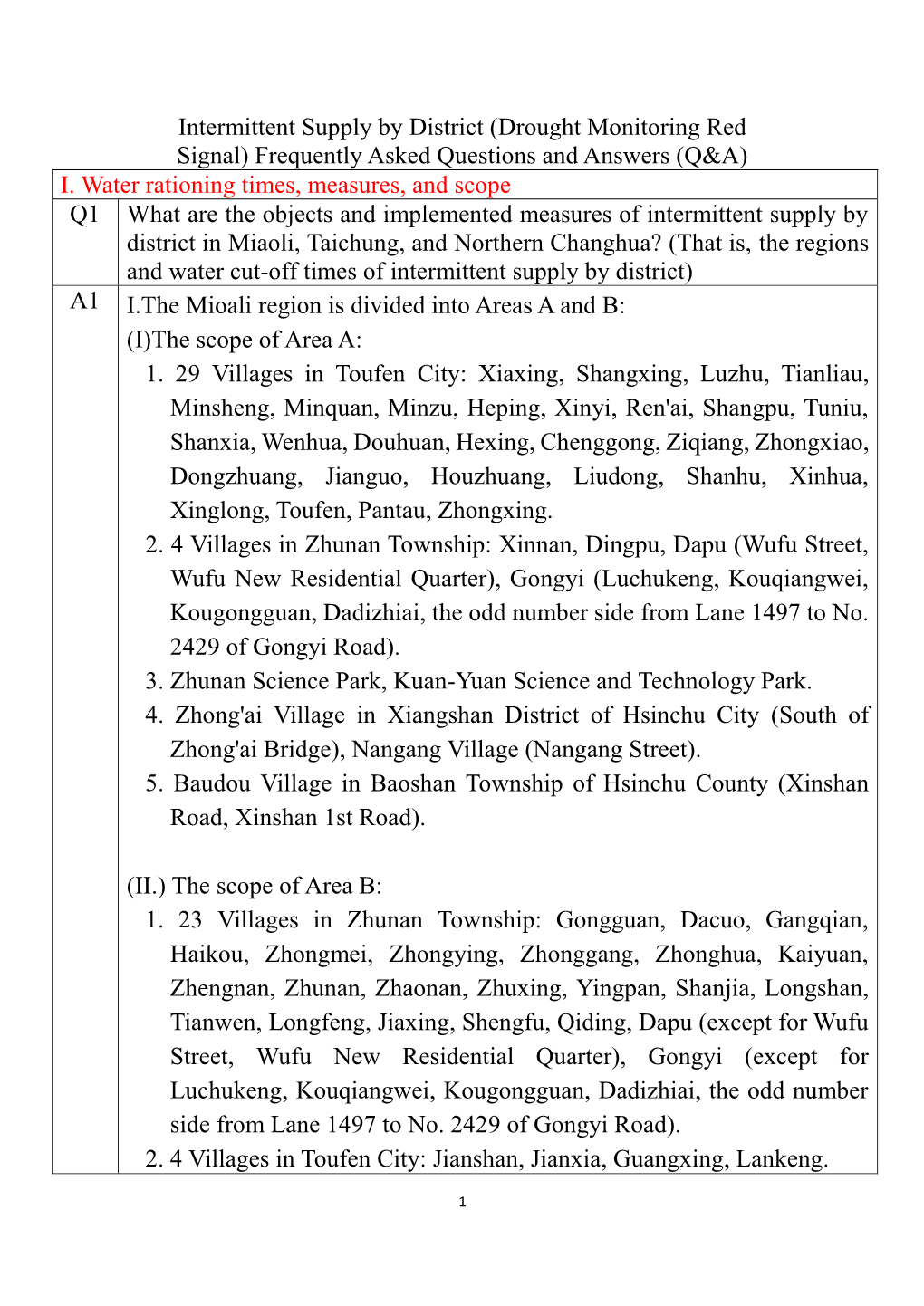 Intermittent Supply by District (Drought Monitoring Red Signal) Frequently Asked Questions and Answers (Q&A) I