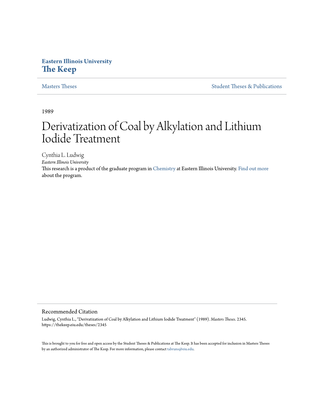 Derivatization of Coal by Alkylation and Lithium Iodide Treatment Cynthia L