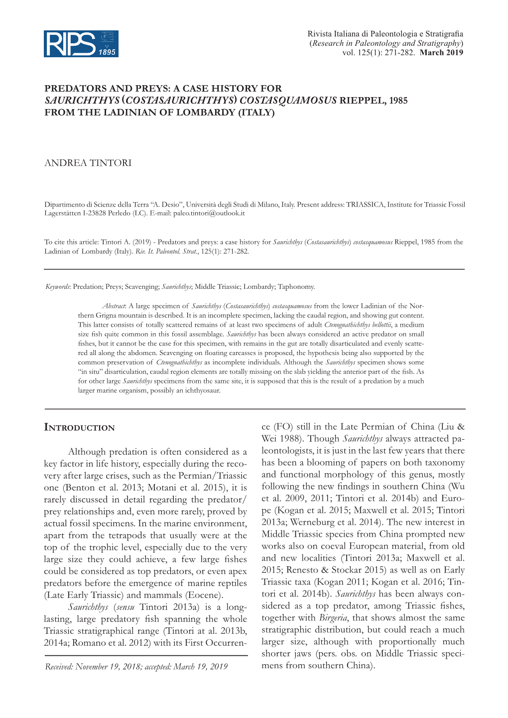 Predators and Preys: a Case History for Saurichthys (Costasaurichthys) Costasquamosus Rieppel, 1985 from the Ladinian of Lombardy (Italy)