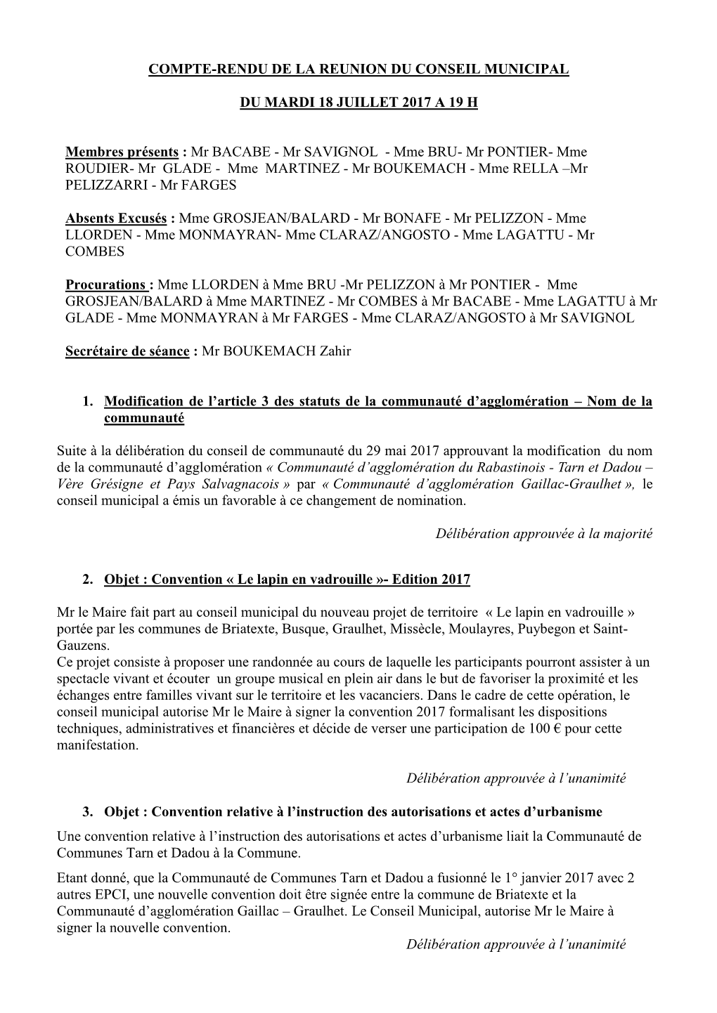 Compte-Rendu De La Reunion Du Conseil Municipal