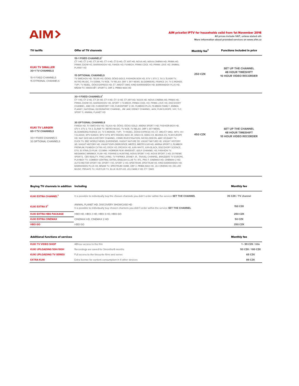 AIM Pricelist IPTV for Households Valid from 1St November 2016 All Prices Include VAT, Unless Stated Oth More Information About Provided Services On