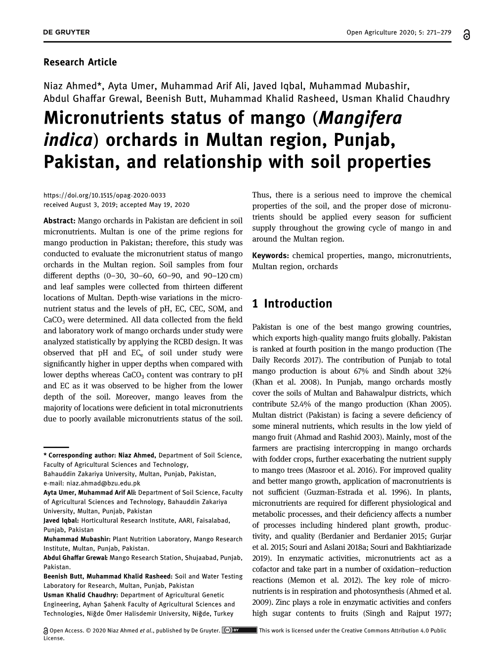 Micronutrients Status of Mango (Mangifera Indica) Orchards in Multan Region, Punjab, Pakistan, and Relationship with Soil Properties