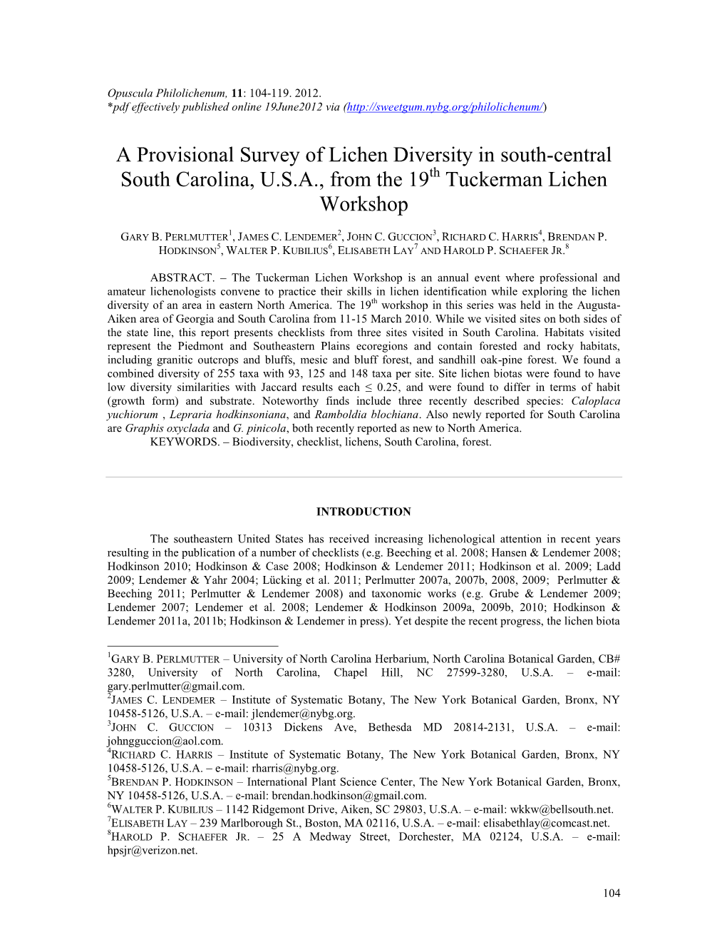 A Provisional Survey of Lichen Diversity in South-Central South Carolina, U.S.A., from the 19Th Tuckerman Lichen Workshop
