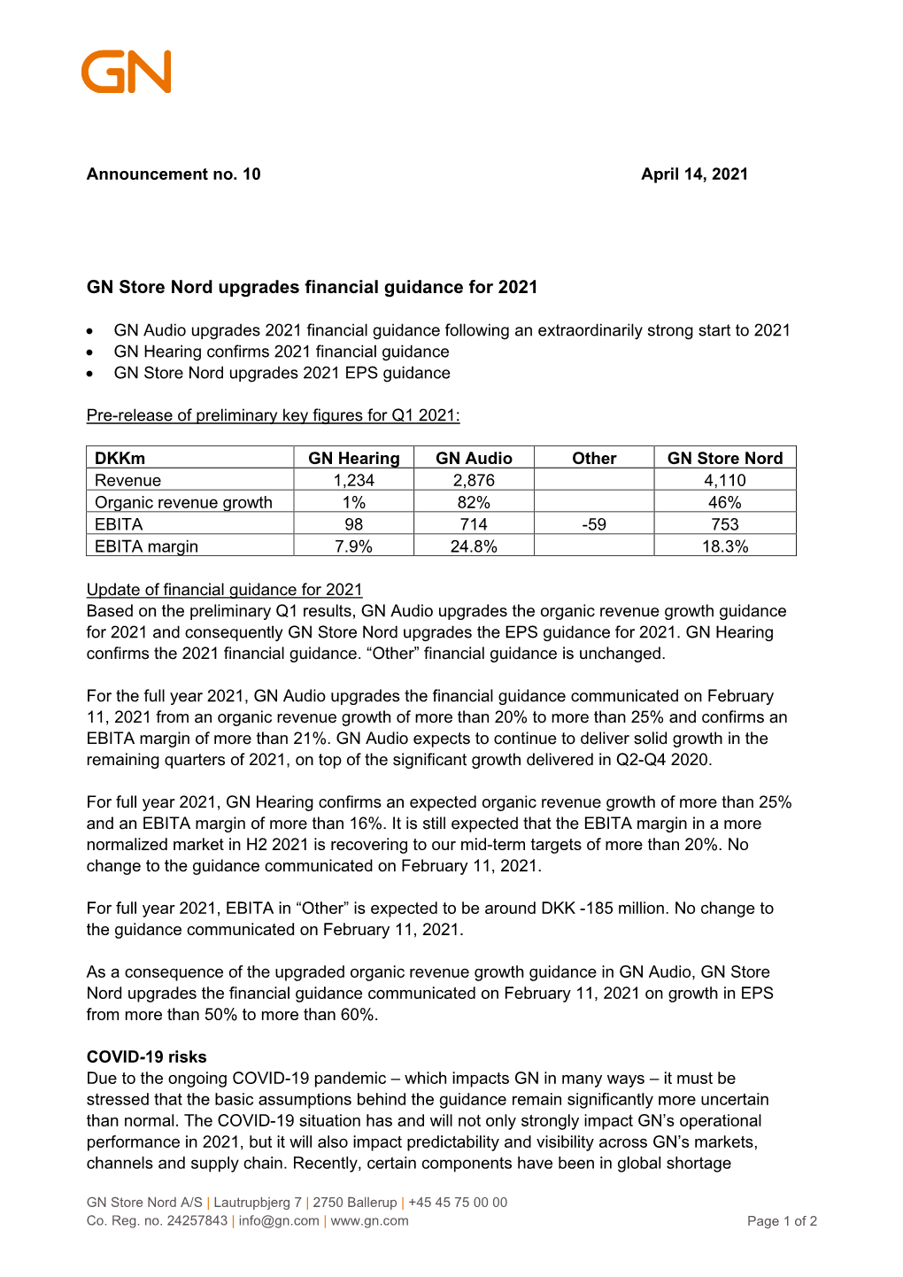 GN Store Nord Upgrades Financial Guidance for 2021