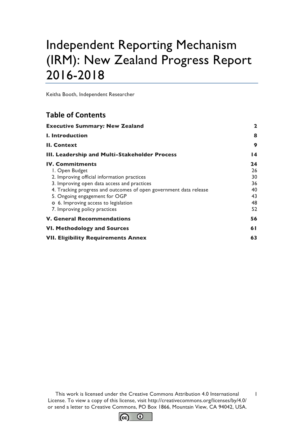 (IRM): New Zealand Progress Report 2016-2018