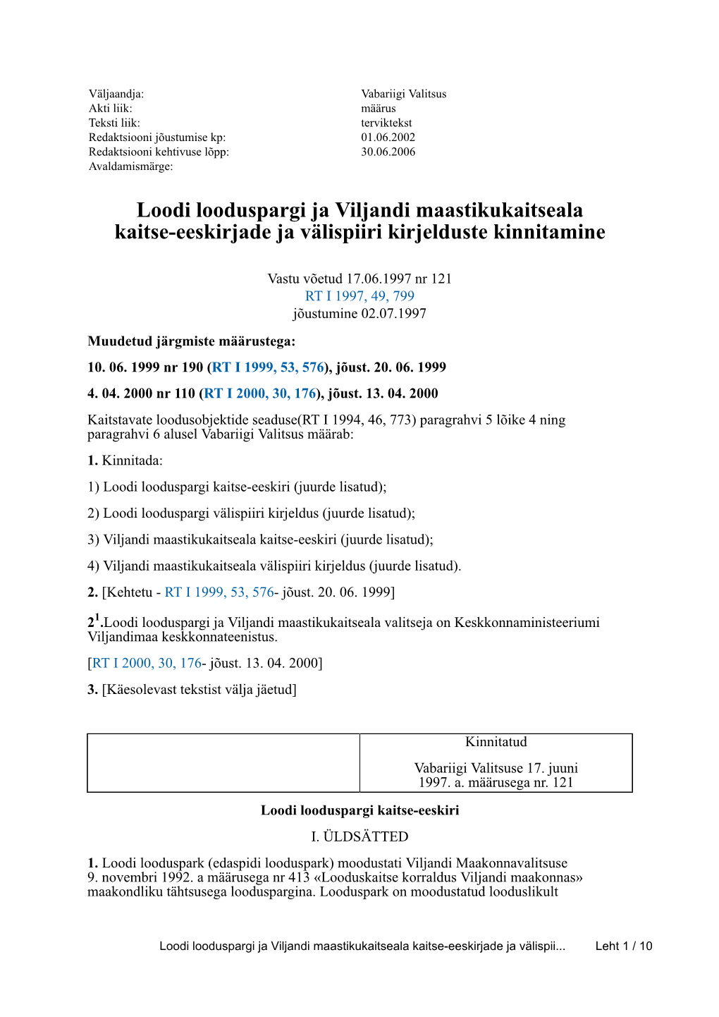 Loodi Looduspargi Ja Viljandi Maastikukaitseala Kaitse-Eeskirjade Ja Välispiiri Kirjelduste Kinnitamine