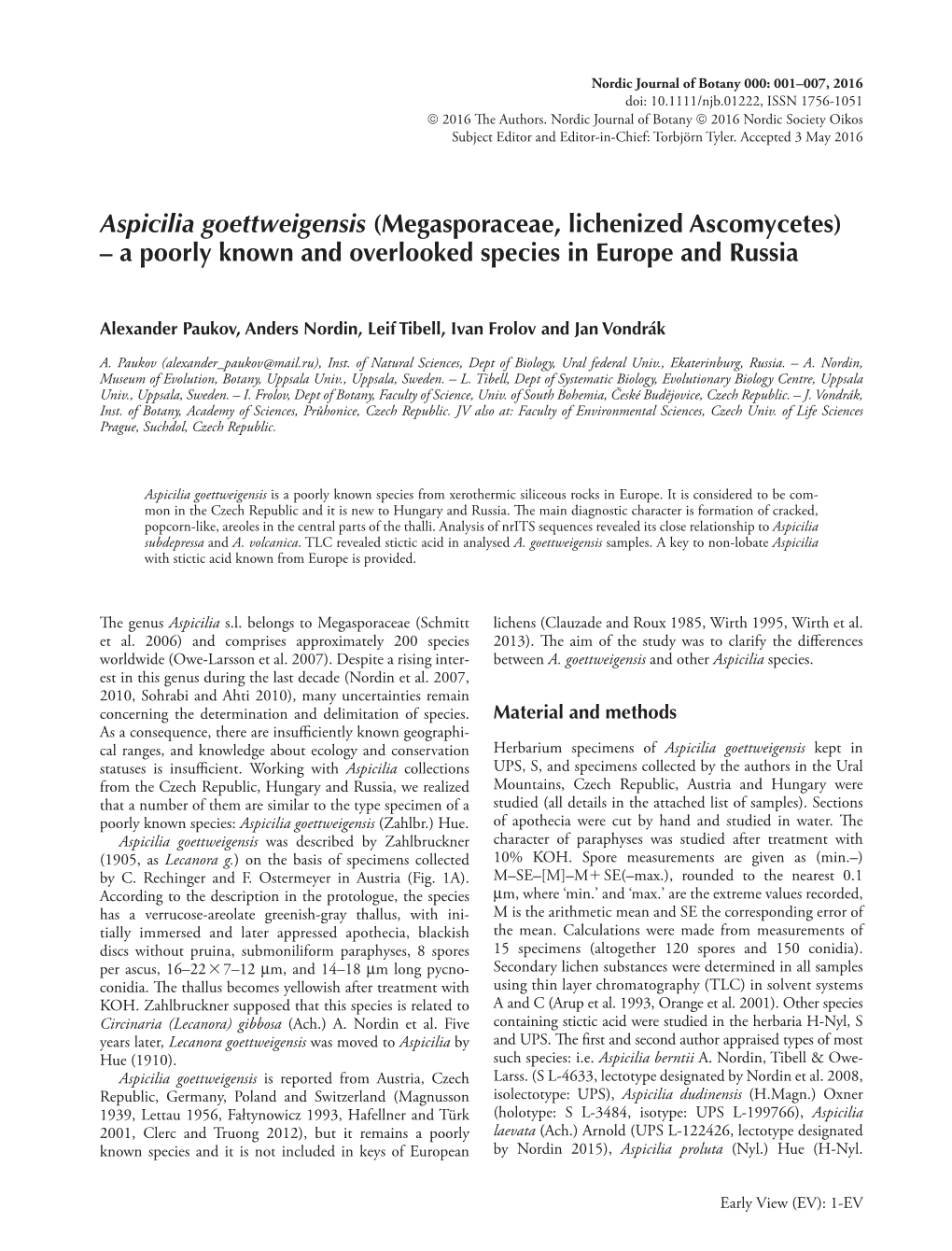 Aspicilia Goettweigensis (Megasporaceae, Lichenized Ascomycetes) – a Poorly Known and Overlooked Species in Europe and Russia