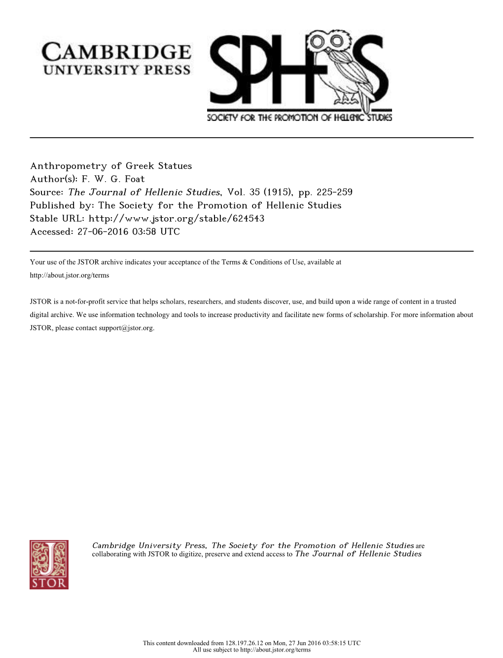 Anthropometry of Greek Statues Author(S): F