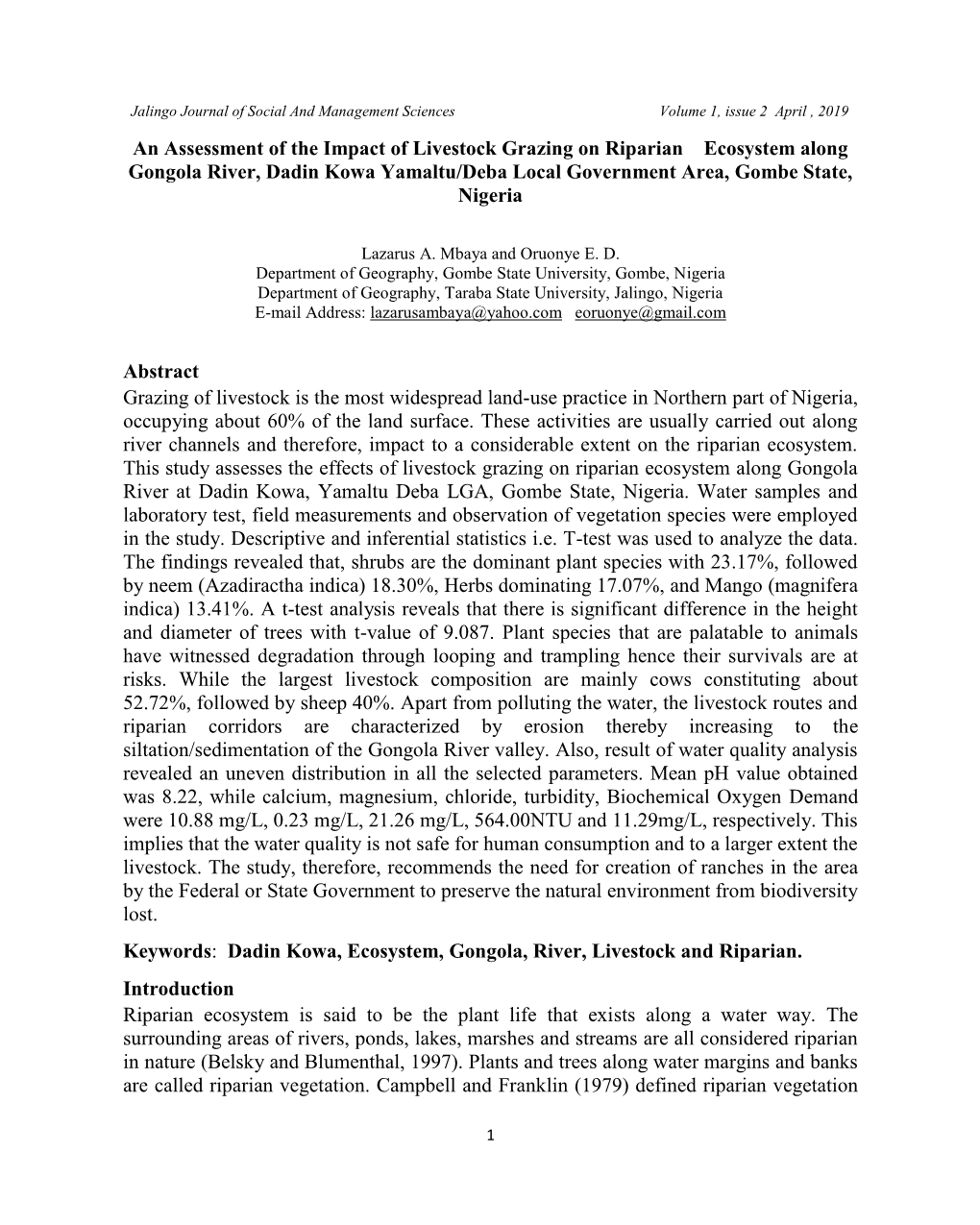 An Assessment of the Impact of Livestock Grazing on Riparian Ecosystem Along Gongola River, Dadin Kowa Yamaltu/Deba Local Government Area, Gombe State, Nigeria