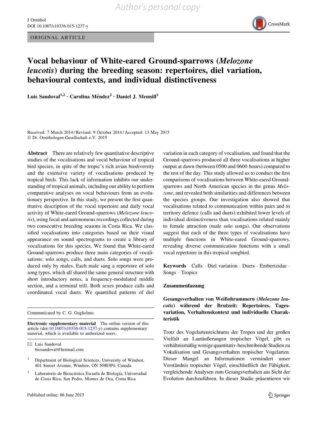 Vocal Behaviour of White-Eared Ground-Sparrows (Melozone Leucotis) During the Breeding Season: Repertoires, Diel Variation, Beha