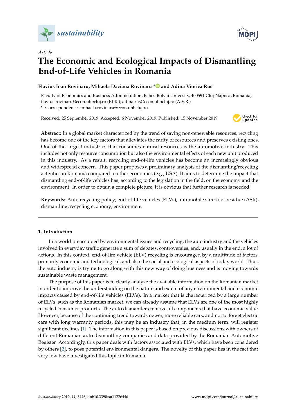 The Economic and Ecological Impacts of Dismantling End-Of-Life Vehicles in Romania