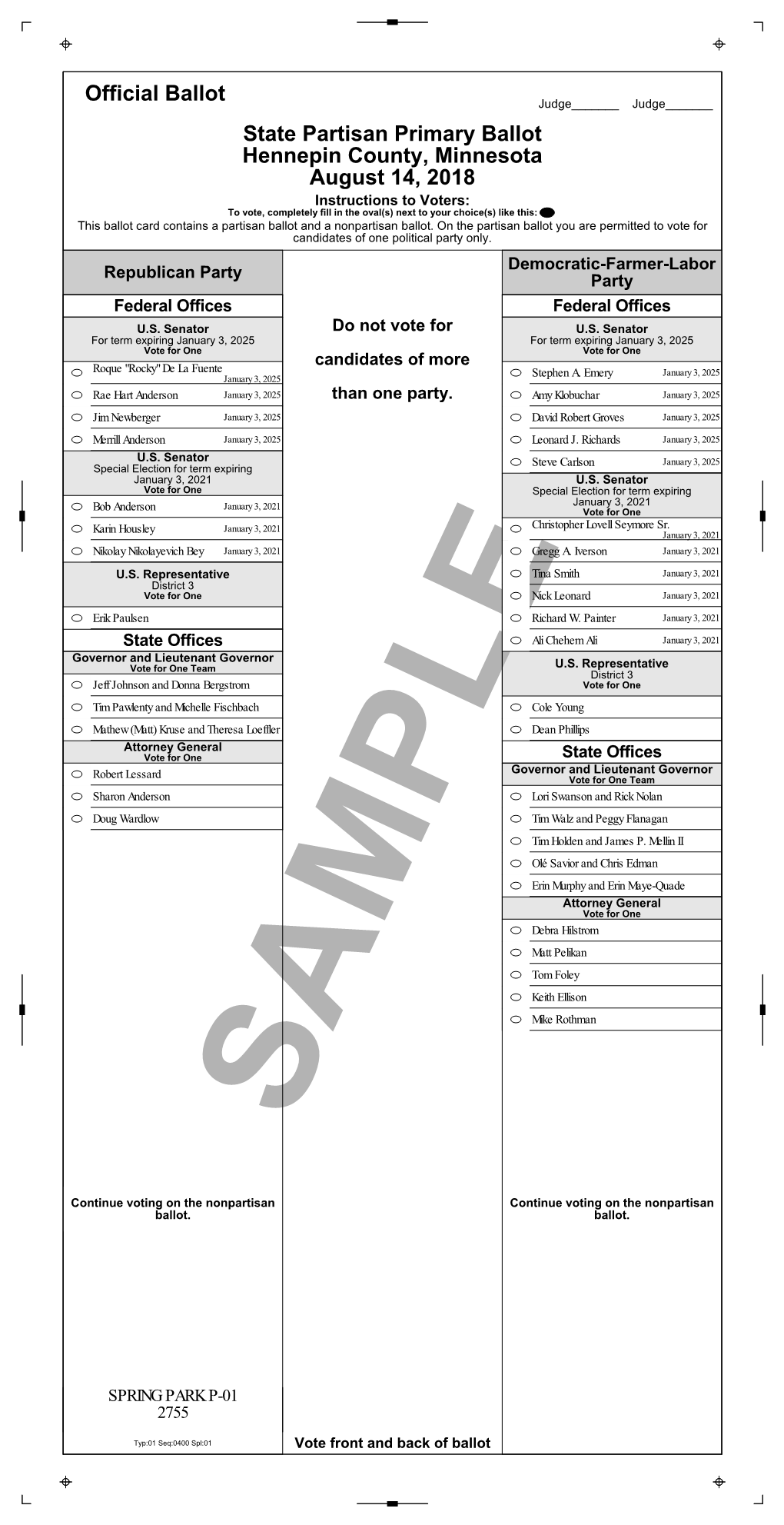 August 14, 2018 Hennepin County, Minnesota State Partisan Primary