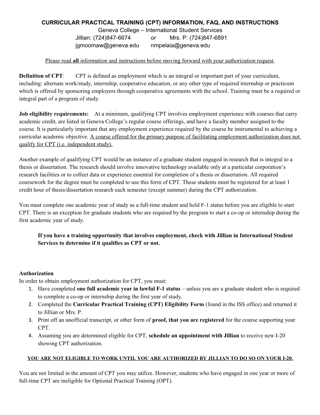 Curricular Practical Training (Cpt) Information, Faq, and Instructions