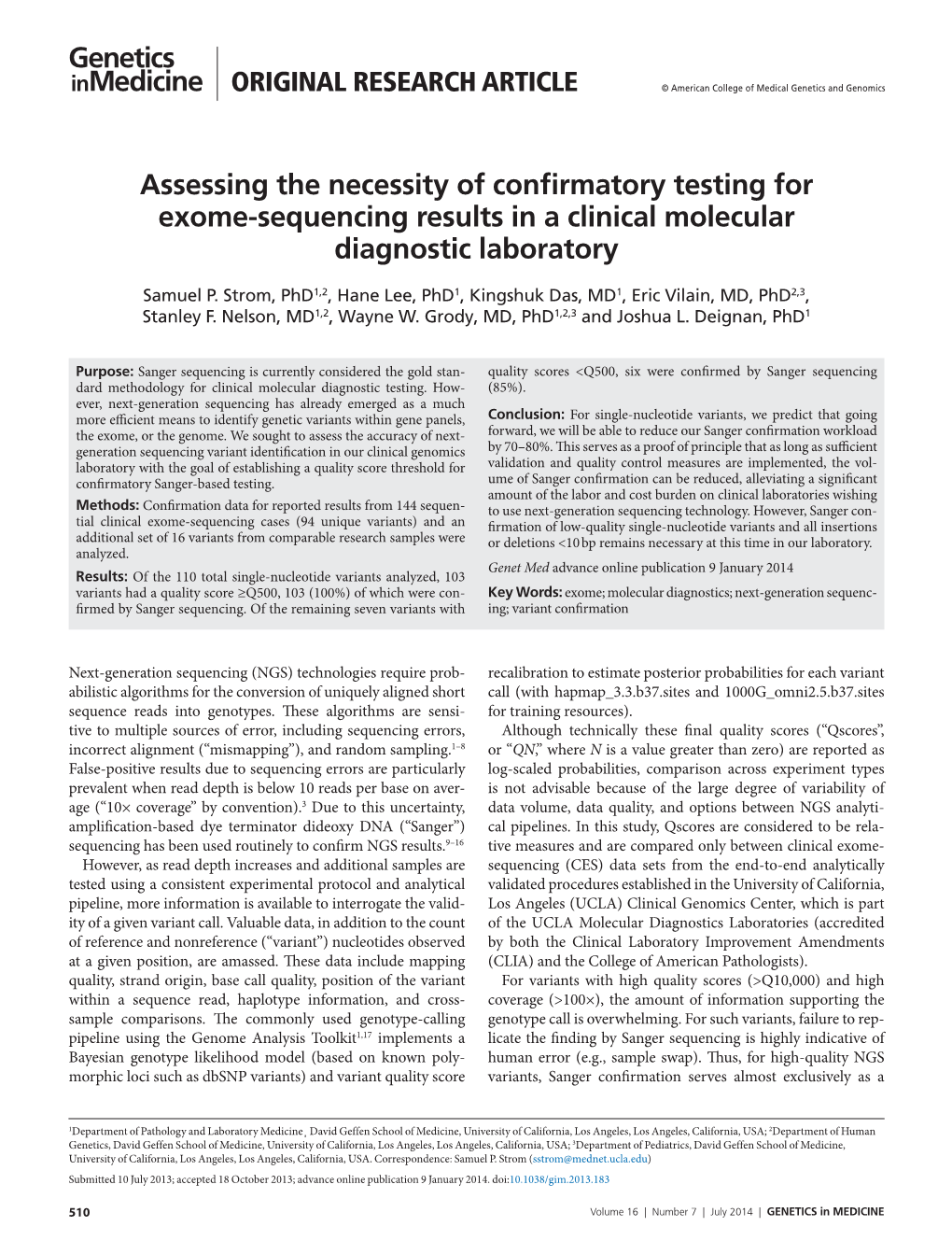 Assessing the Necessity of Confirmatory Testing for Exome-Sequencing Results in a Clinical Molecular Diagnostic Laboratory