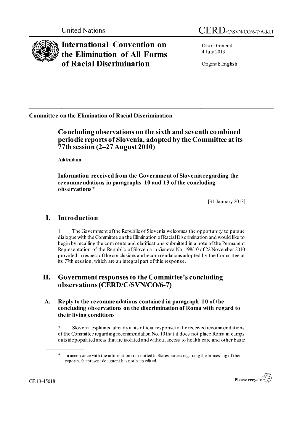 United Nations CERD/C/SVN/CO/6-7/Add.1