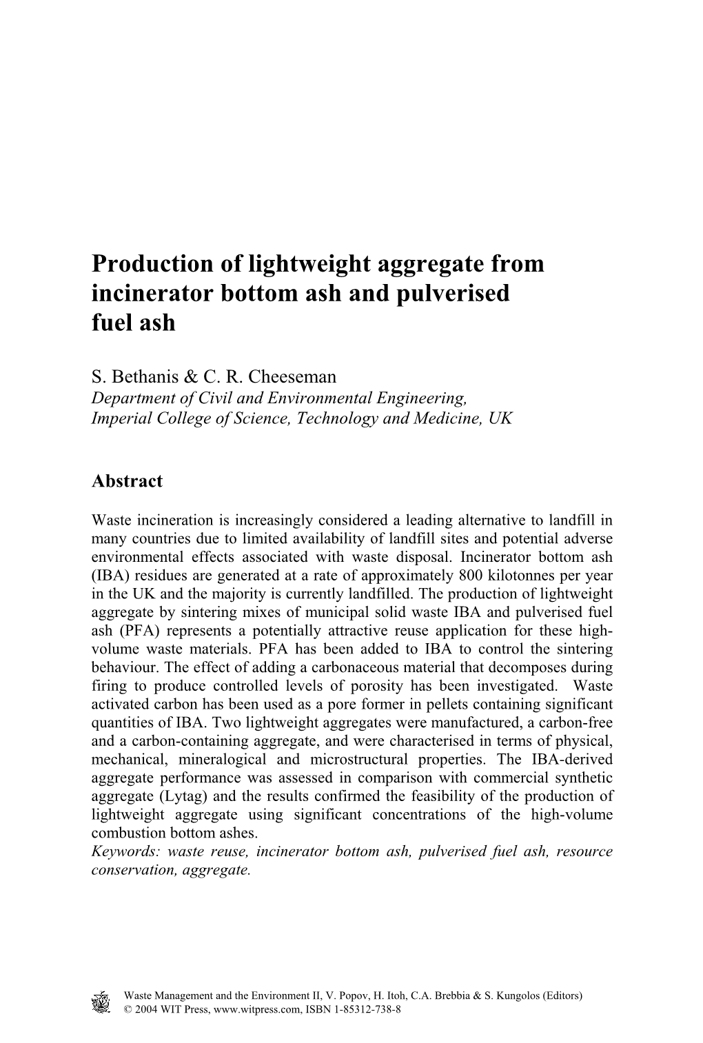 Production of Lightweight Aggregate from Incinerator Bottom Ash and Pulverised Fuel Ash