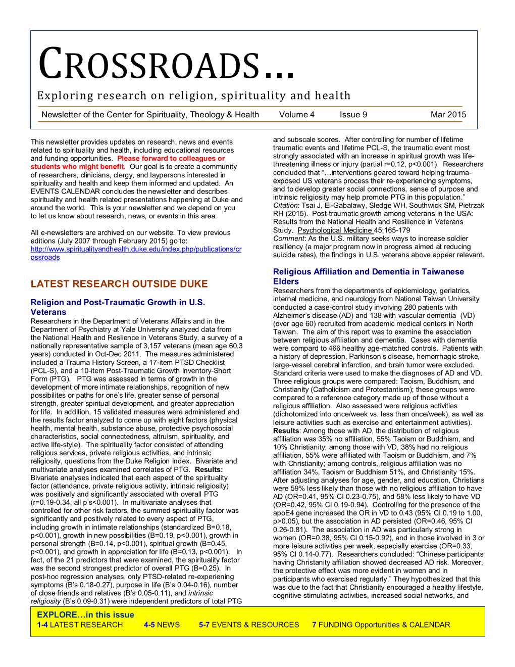 CROSSROADS… Exploring Research on Religion, Spirituality and Health