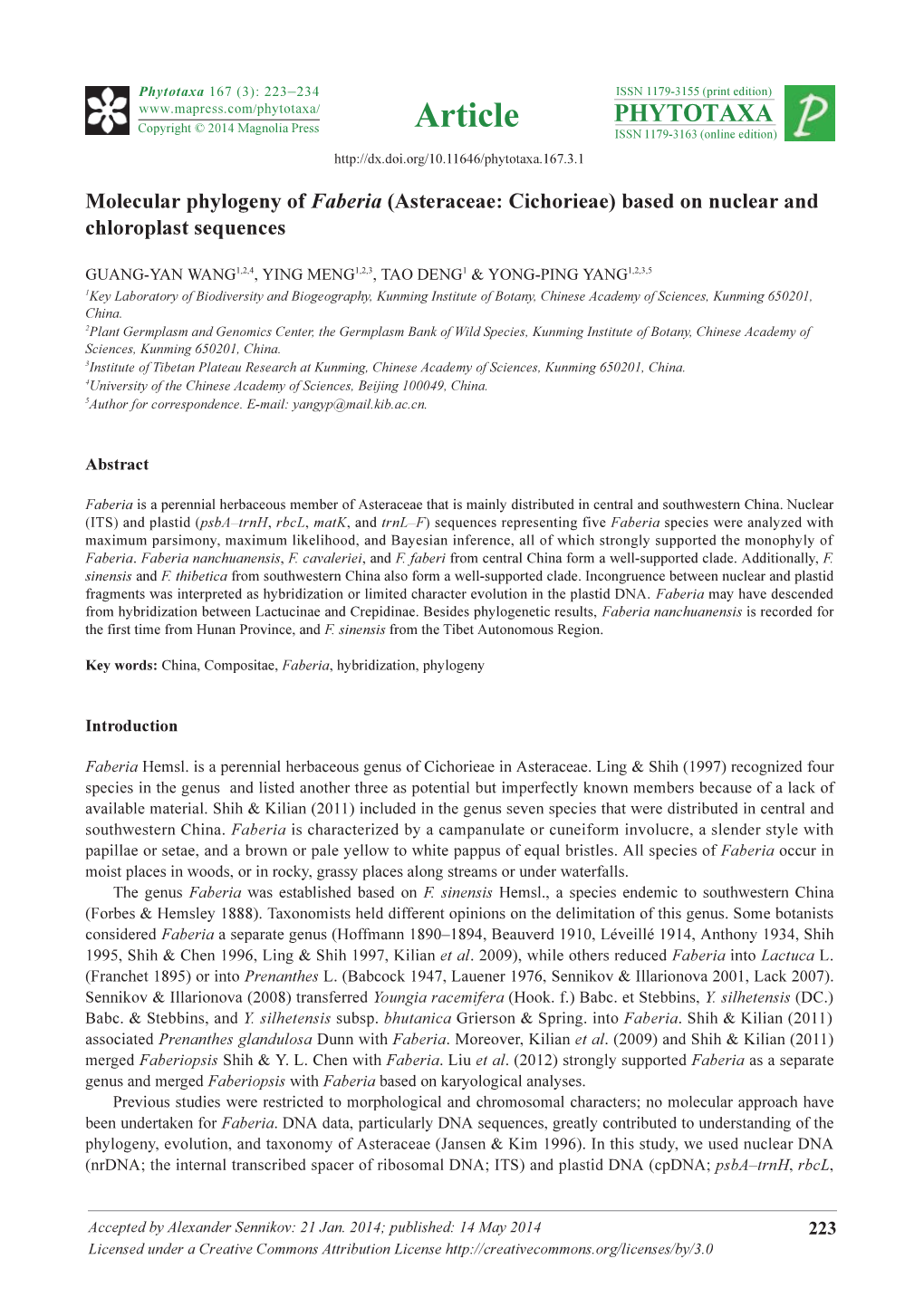 Molecular Phylogeny of Faberia (Asteraceae: Cichorieae) Based on Nuclear and Chloroplast Sequences