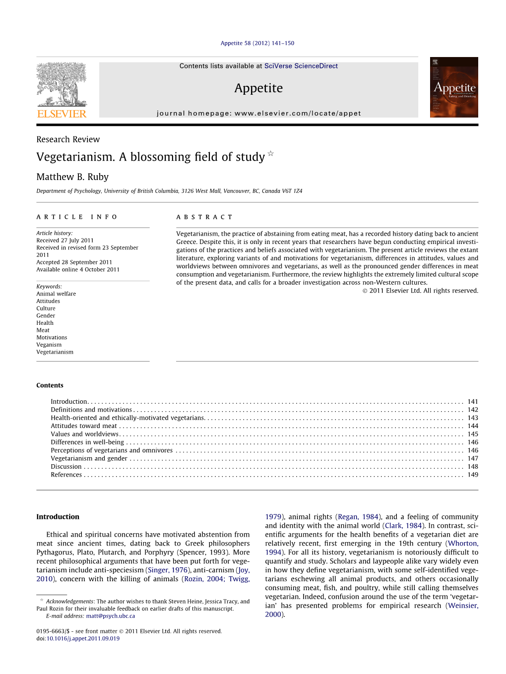 Research Review Vegetarianism. a Blossoming Field of Study