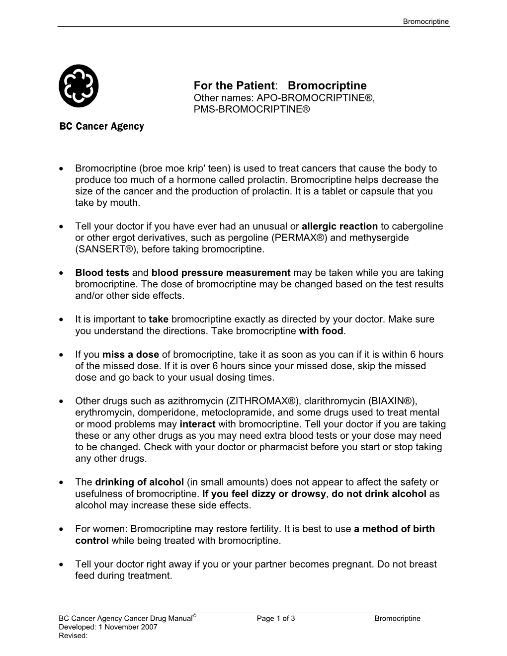 Bromocriptine Patient Handout