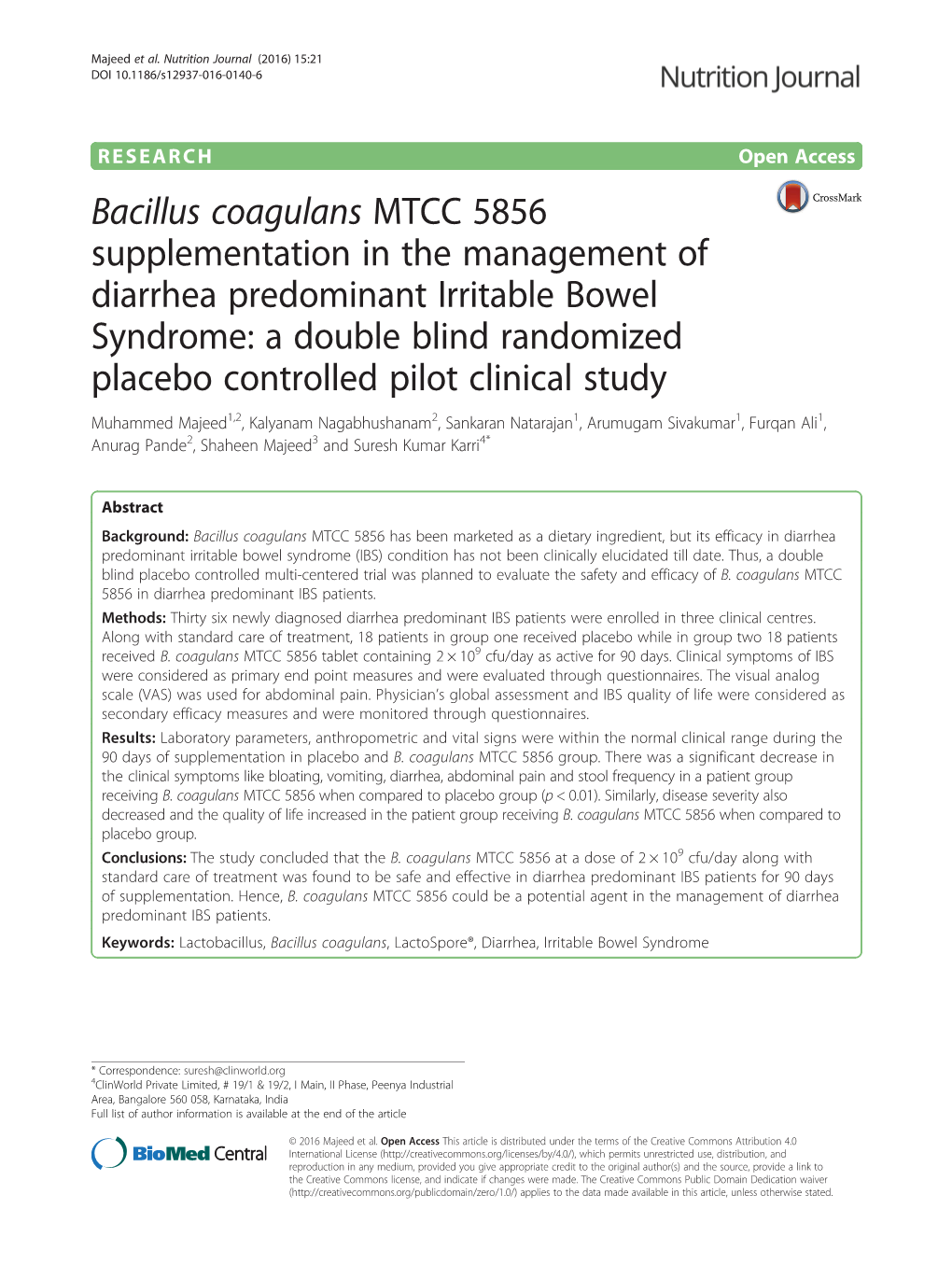 Bacillus Coagulans MTCC 5856 Supplementation