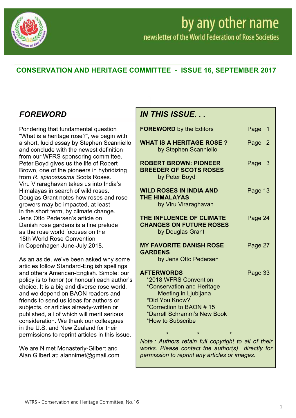 SEPTEMBER 2017 Contents from CONSERVATIONXXX and HERITAGE COMMITTEE - ISSUE 16, SEPTEMBER 2017 FOREWORD in THIS ISSUE
