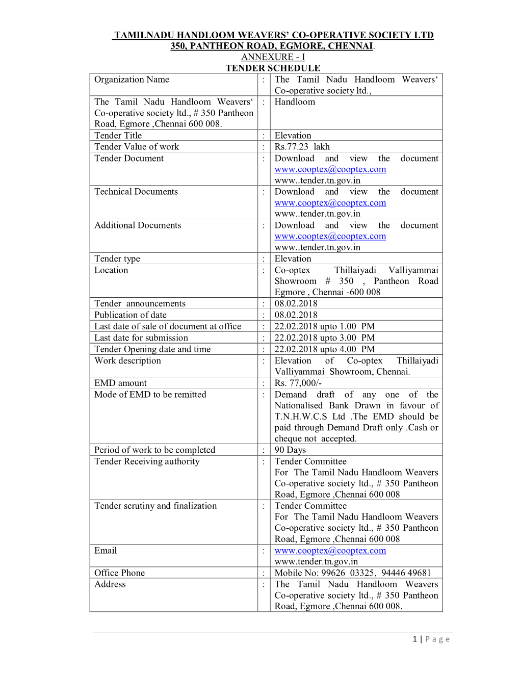 I TENDER SCHEDULE Organiz