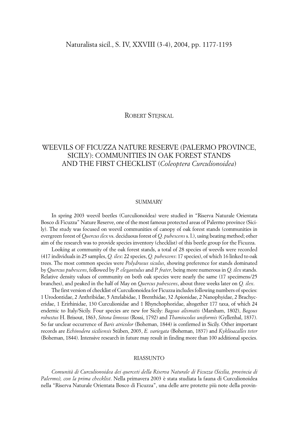 2004, Pp. 1177-1193 WEEVILS of FICUZZA NATURE RESERVE