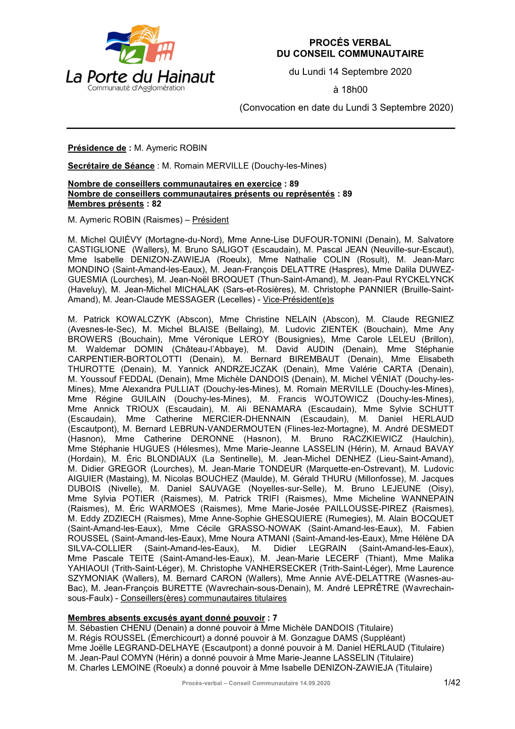 PROCÉS VERBAL DU CONSEIL COMMUNAUTAIRE Du Lundi 14 Septembre 2020 À 18H00