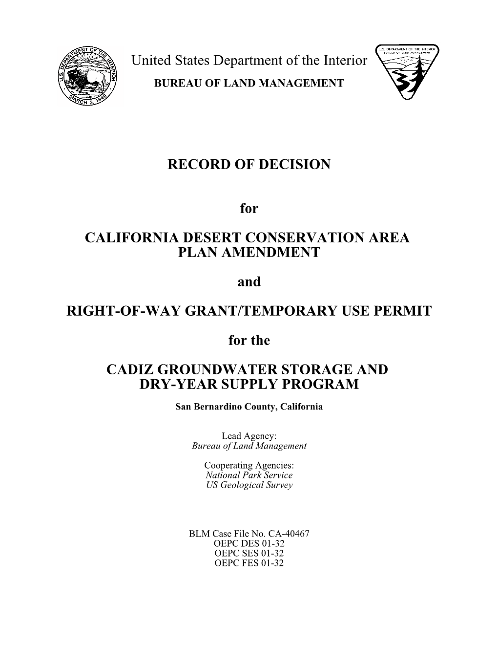 United States Department of the Interior RECORD OF