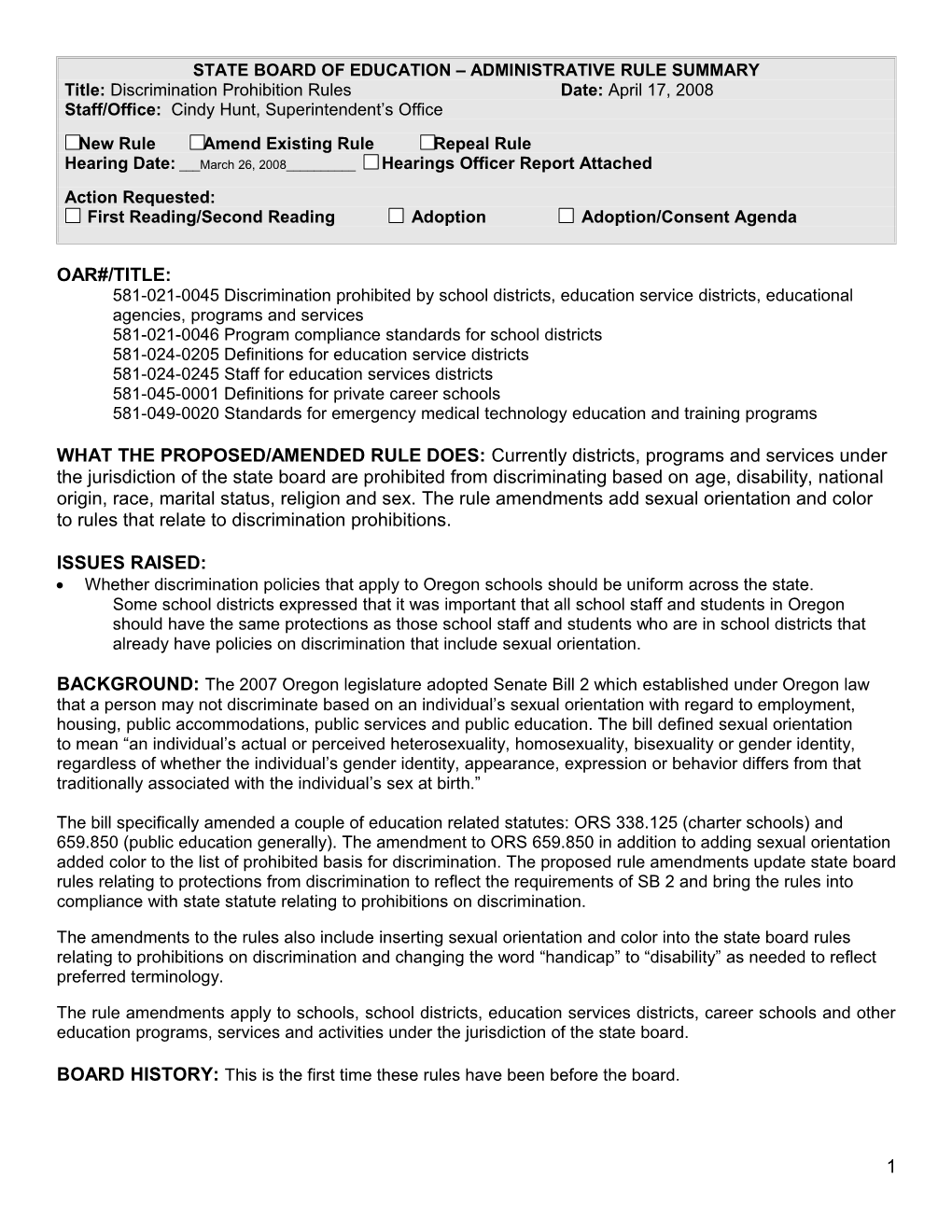 State Board of Education Administrative Rule Summary