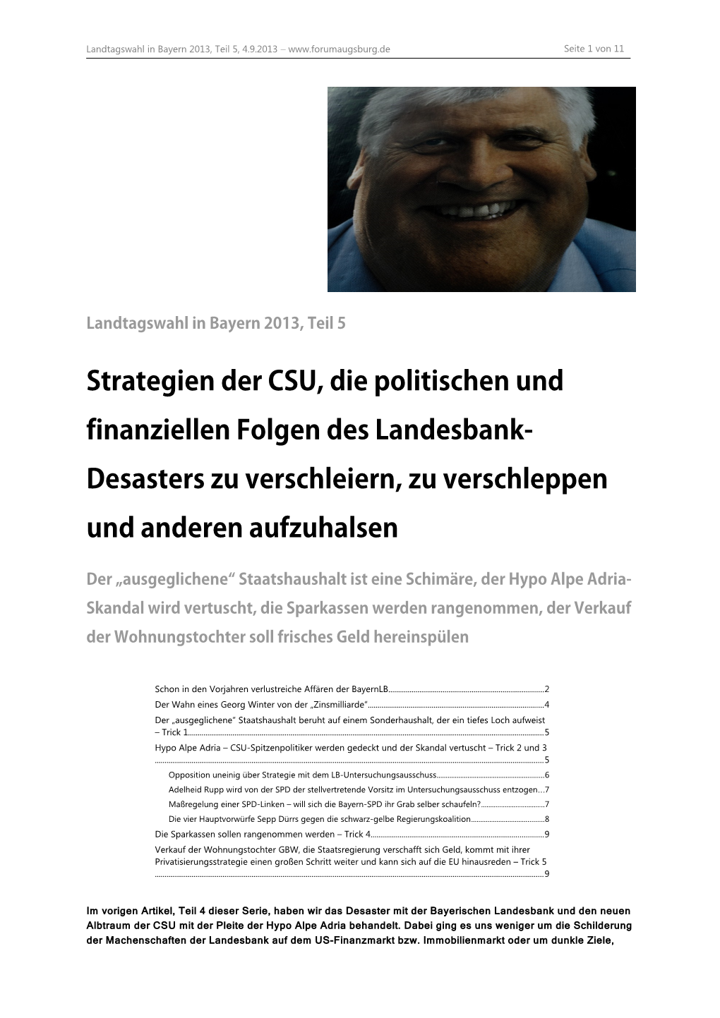 Strategien Der CSU, Die Politischen Und Finanziellen Folgen Des Landesbank- Desasters Zu Verschleiern, Zu Verschleppen Und Anderen Aufzuhalsen
