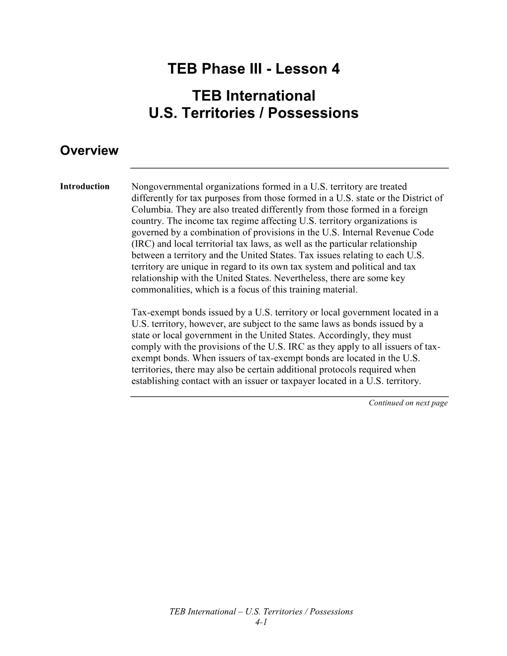 Lesson 4 TEB International US Territories/Possessions