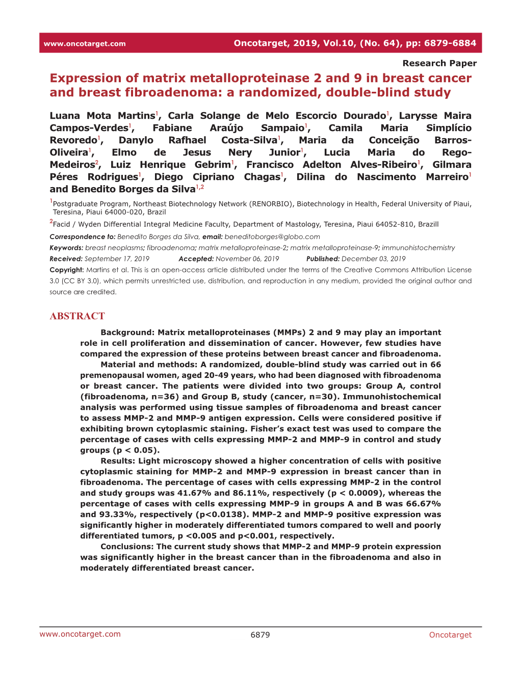 Expression of Matrix Metalloproteinase 2 and 9 in Breast Cancer and Breast Fibroadenoma: a Randomized, Double-Blind Study