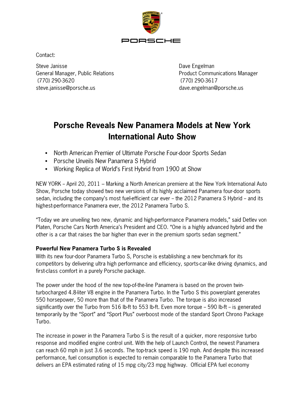 Porsche Reveals New Panamera Models at New York International Auto Show
