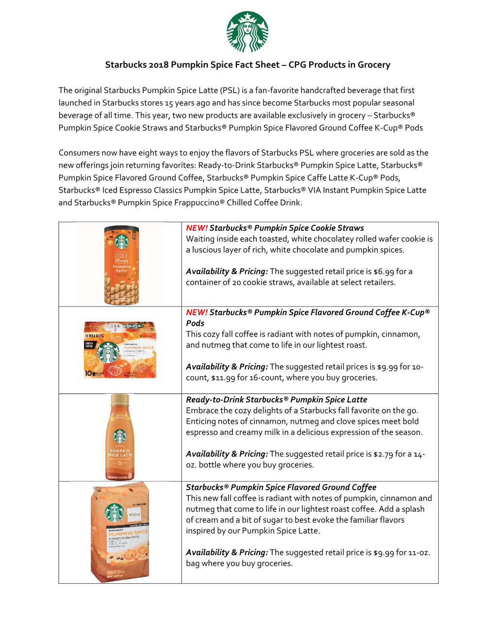 Starbucks 2018 Pumpkin Spice Fact Sheet – CPG Products in Grocery