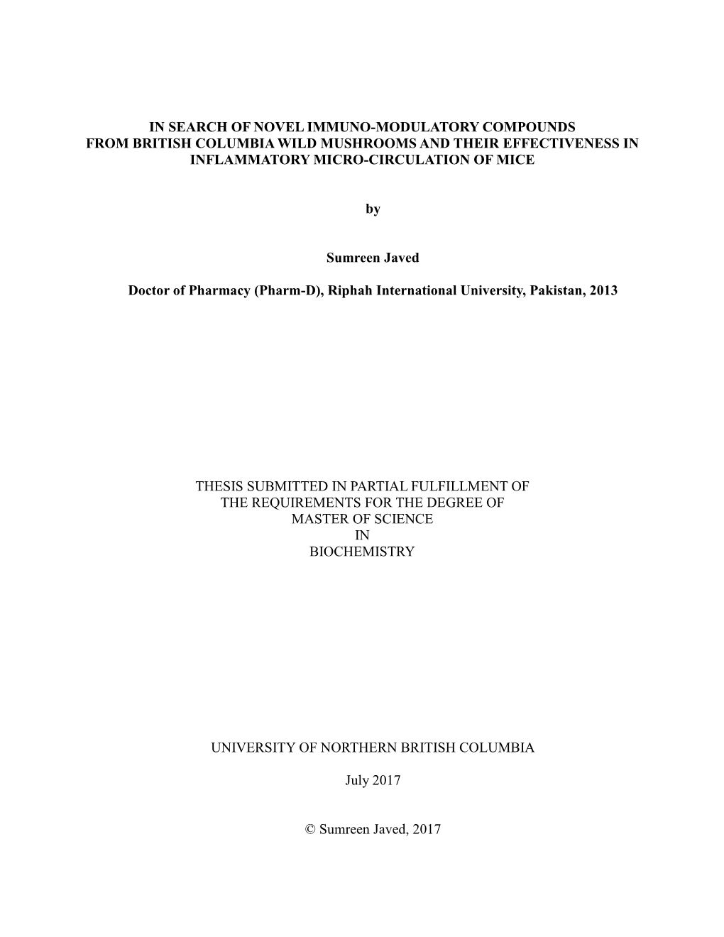 In Search of Novel Immuno-Modulatory Compounds from British Columbia Wild Mushrooms and Their Effectiveness in Inflammatory Micro-Circulation of Mice